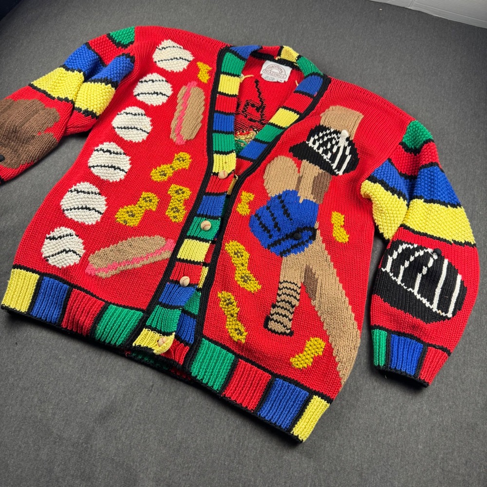 Traditional Trading Co Vintage Baseball Novelty Hand Knit Cotton Cardigan Medium